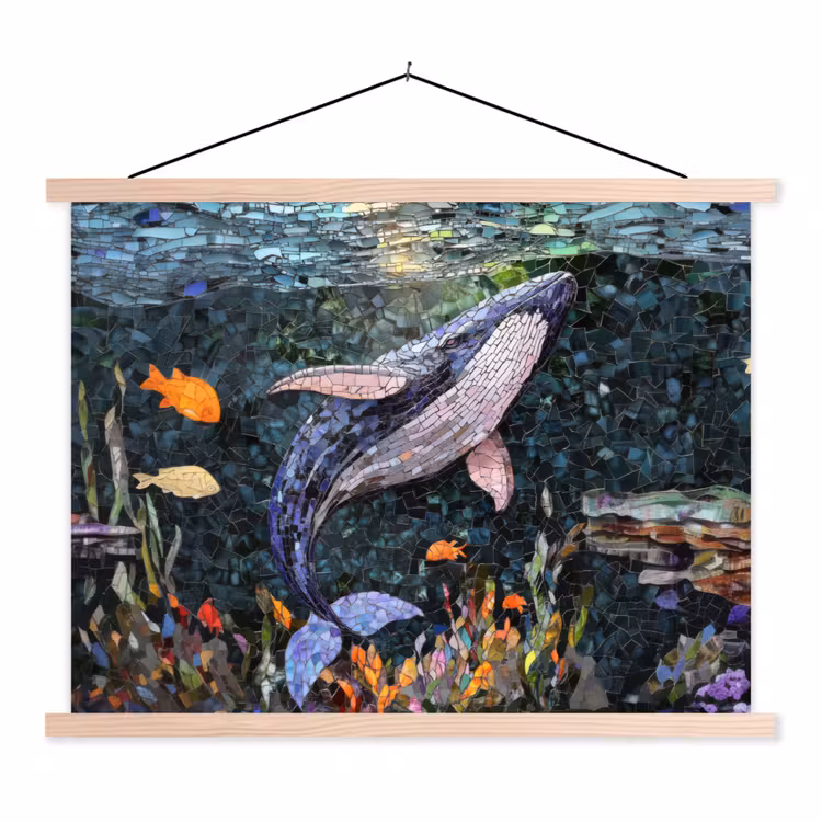 Mozaïek - Walvis - Koraal - Water textielposter latten blank klein -3d