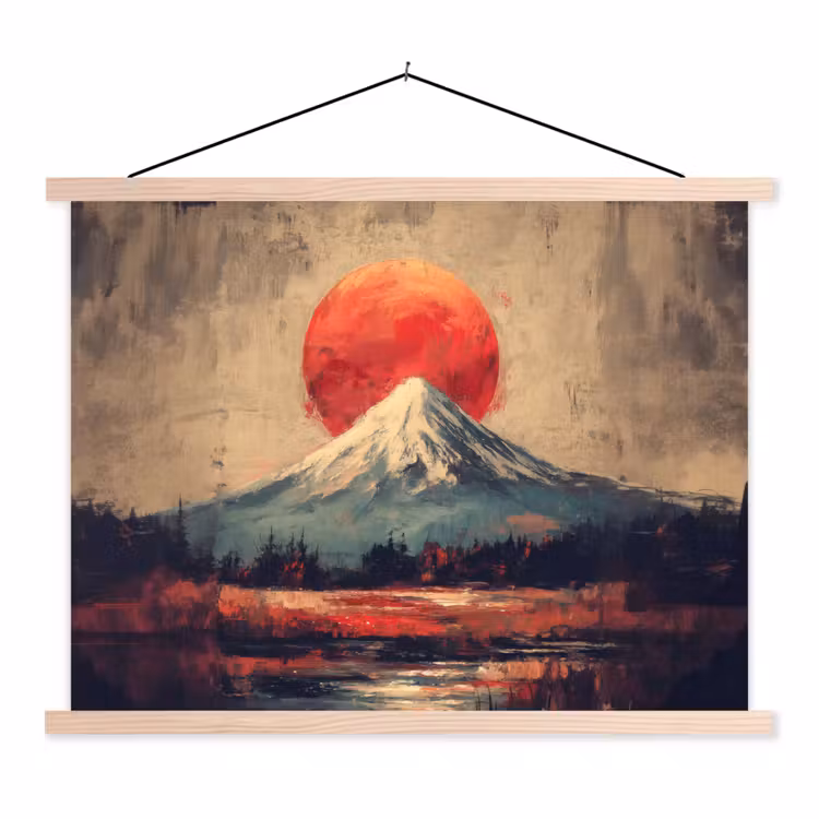 Bergtop - Sneeuw - Zon textielposter latten blank klein -3d
