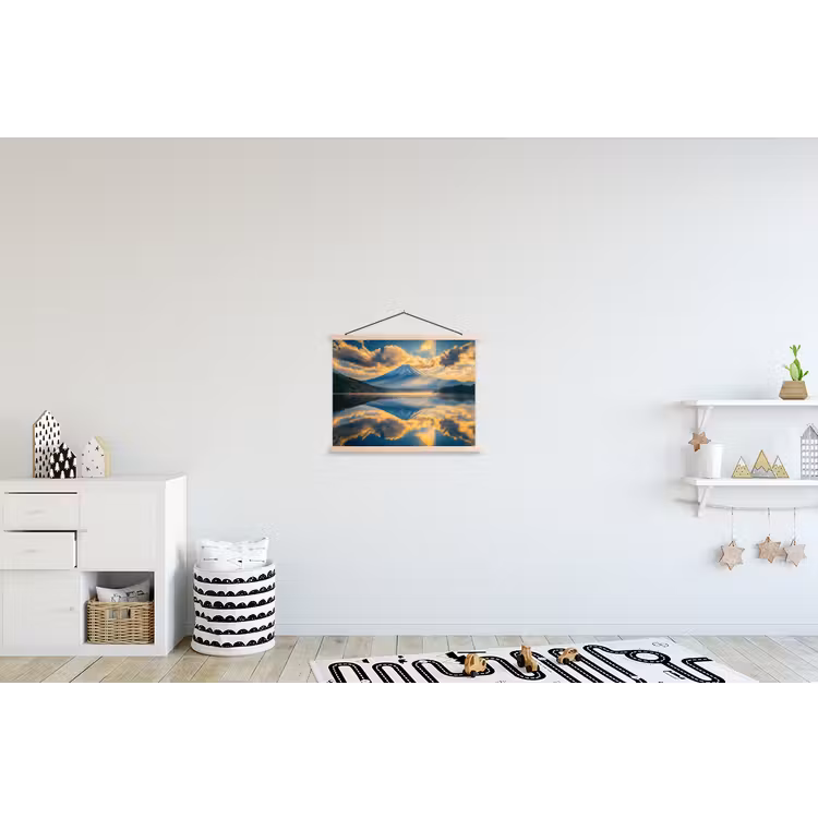 Berg - Rivier - Zonsondergang textielposter latten blank klein -kinderkamer