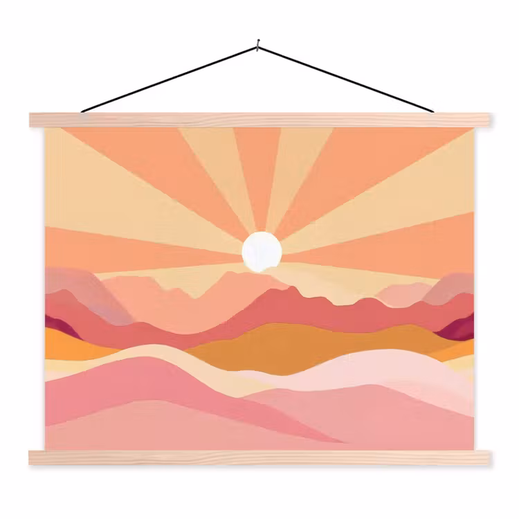 Bergen - Abstract - Zonnestralen - Roze textielposter latten blank klein -3d