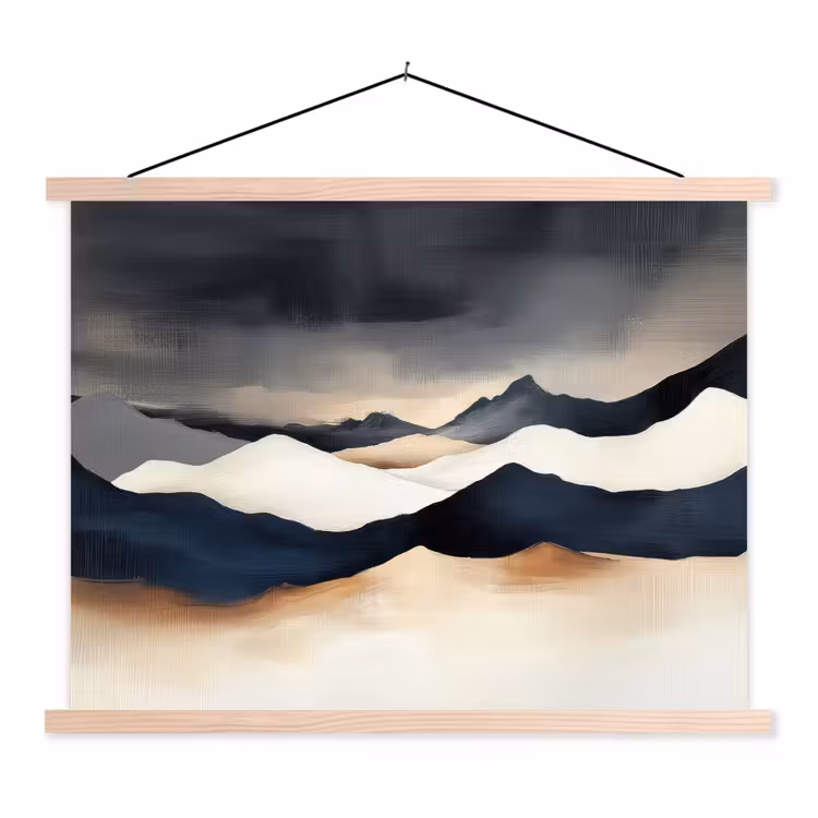 Bergen - Donkerblauw - Landschap textielposter latten blank klein -3d