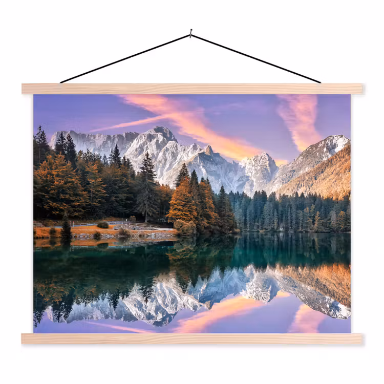 Bergen - Bos - Water - Lucht - Roze - Paars textielposter latten blank klein -3d