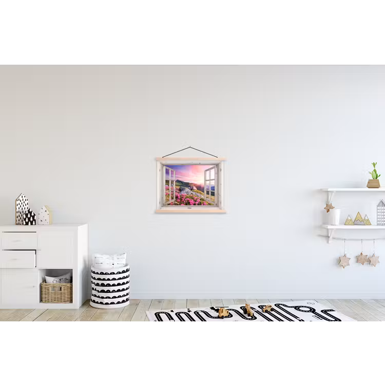 Bergen - Landschap - Doorkijk - Bloemen - Avond - Roze textielposter latten blank klein -kinderkamer
