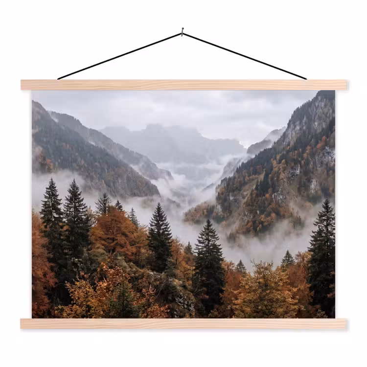 Bergen - Vallei - Mist - Herfst - Natuur textielposter latten blank klein -3d