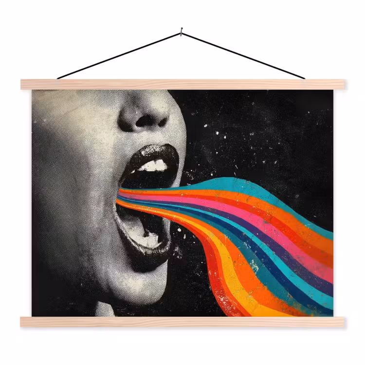Mond - Golven - Regenboog textielposter latten blank klein -3d