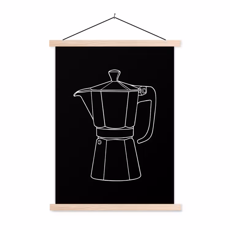 Mokkapot - Zwart - Wit - Lijntekening textielposter latten blank klein -3d