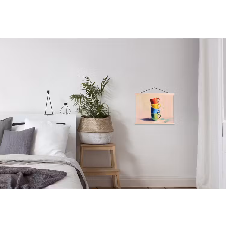 Mokken - Gestapeld - Keramiek - Kleurrijk textielposter latten blank klein -woonkamer
