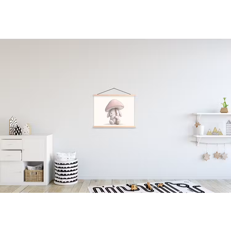 Paddenstoel - Konijn - Roze textielposter latten blank klein -kinderkamer