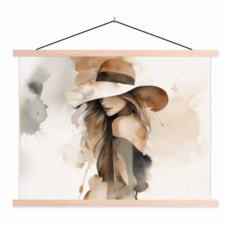 Mysterieus - Vrouw - Sepia textielposter latten blank klein -3d
