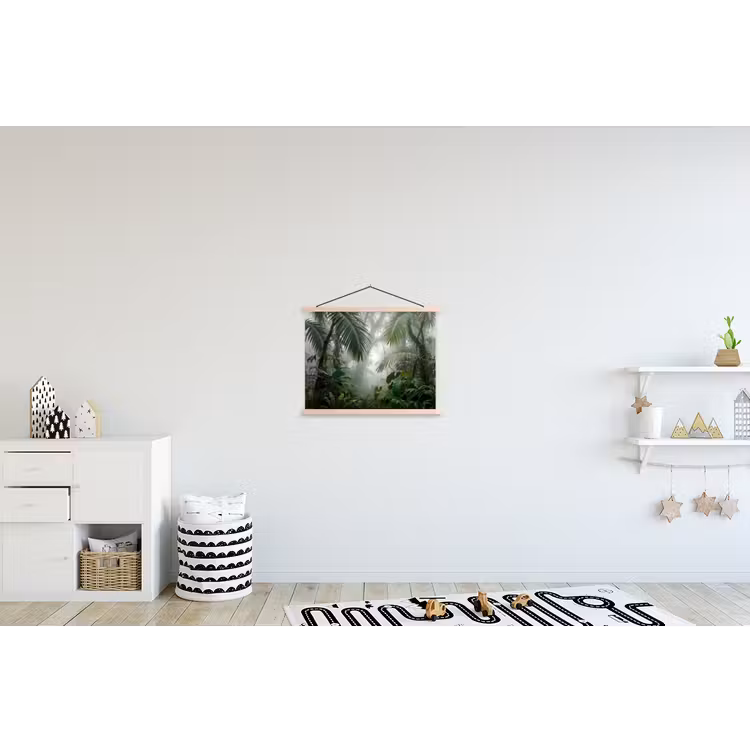 Natuur - Jungle - Mist - Tropisch - Groen textielposter latten blank klein -kinderkamer