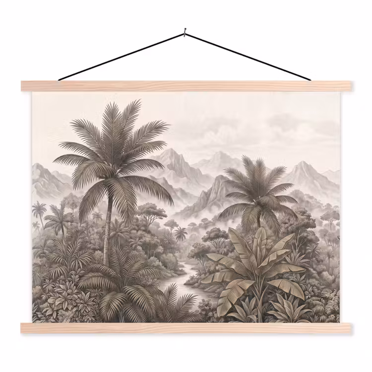 Natuur - Bergen - Rivier - Tropisch - Vintage textielposter latten blank klein -3d