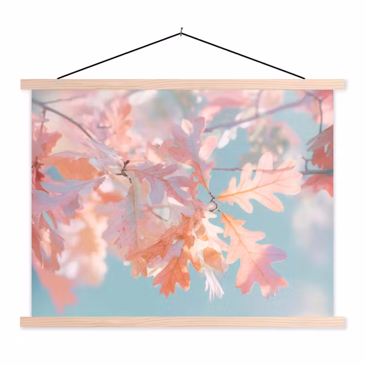 Eikenbladeren - Takken - Roze textielposter latten blank klein -3d
