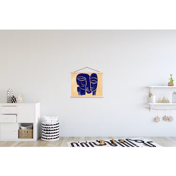 Okergeel - Blauw - Eenvoudige lijnen textielposter latten blank klein -kinderkamer