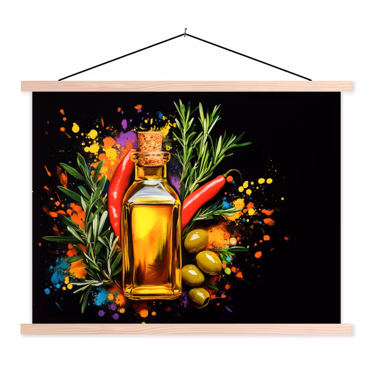 Olijfolie - Graffiti - Peper - Olijven - Modern textielposter latten blank klein -3d
