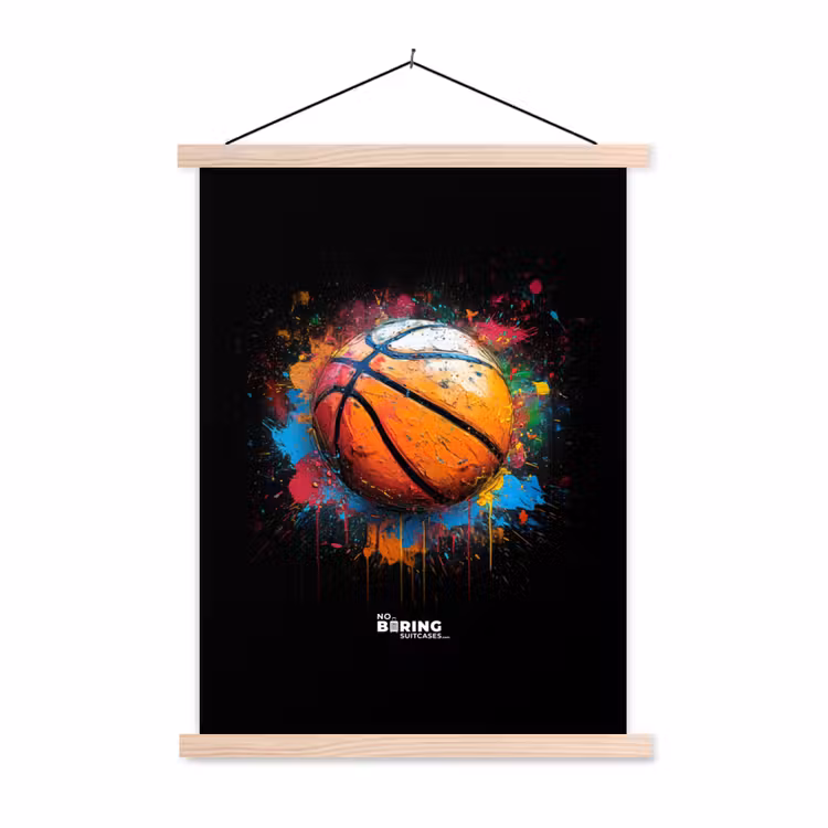 Oranje basketbal te midden van verfspetters textielposter latten blank klein -3d