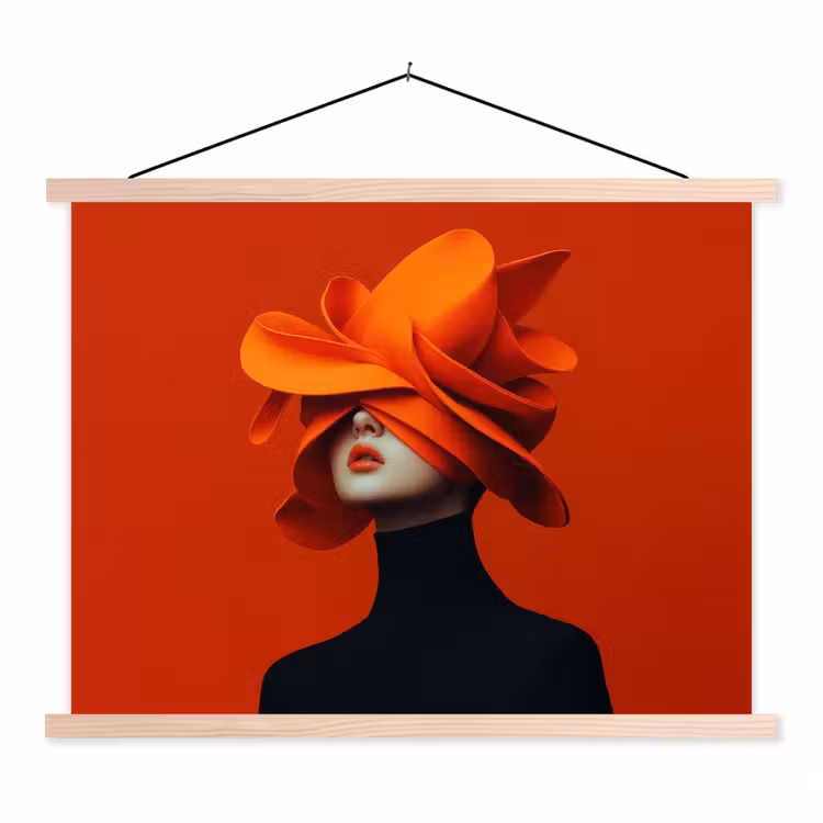 Oranje - Hoed - Vrouw textielposter latten blank klein -3d