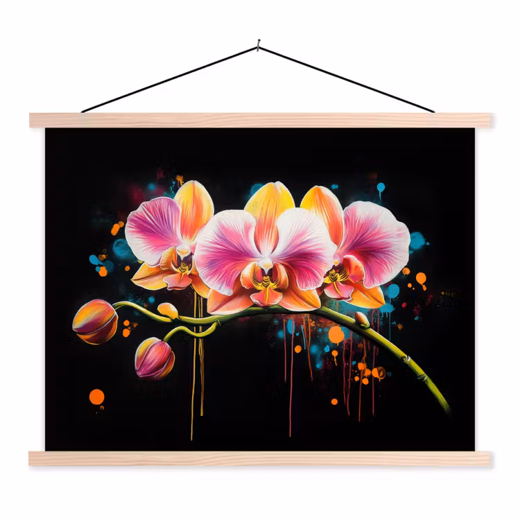 Orchidee - Graffiti - Kleurrijk - Bloemen - Abstract textielposter latten blank klein -3d