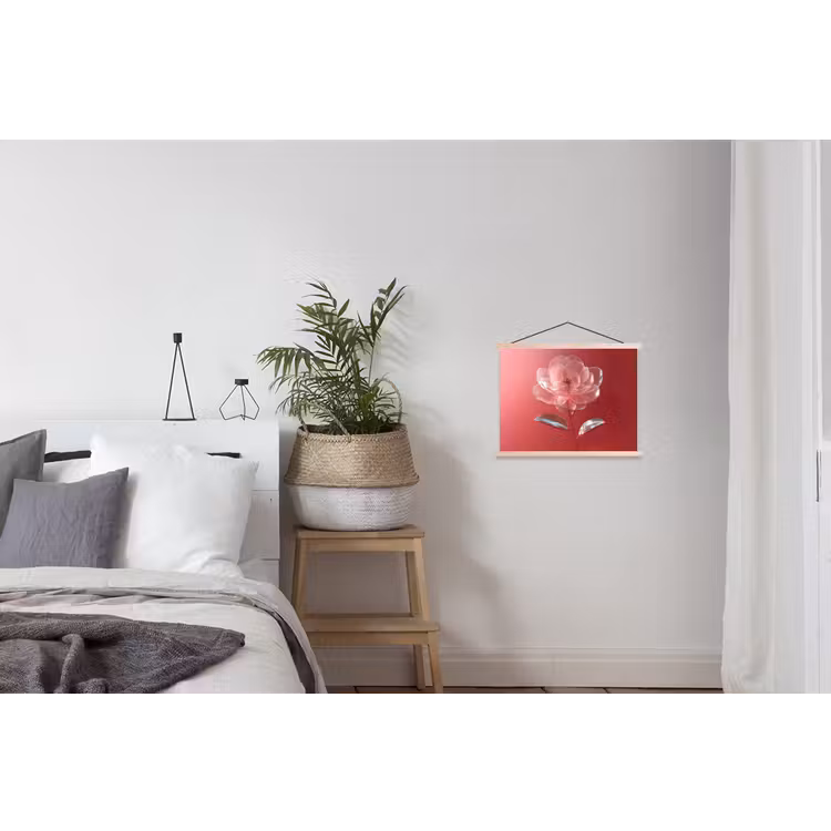 Sierlijk - Bloem - Roze - Glazen textielposter latten blank klein -woonkamer