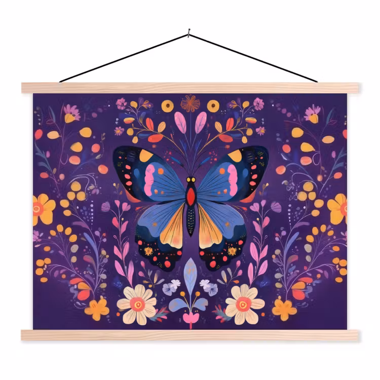 Sierlijk - Bloemen - Vlinder - Paars textielposter latten blank klein -3d