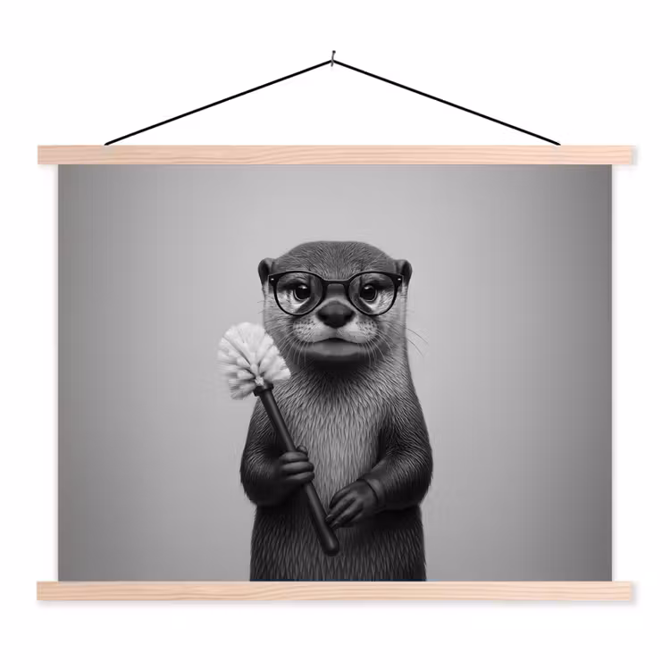 Otter - Wc-borstel - Bril - Zwart - Wit textielposter latten blank klein -3d