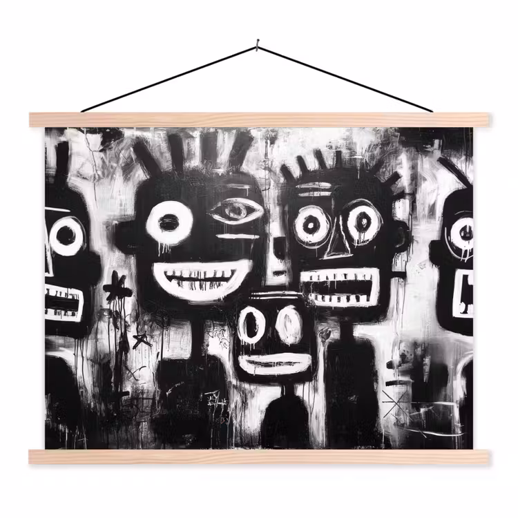 Schilderij - Figuren - Zwart - Abstract textielposter latten blank klein -3d
