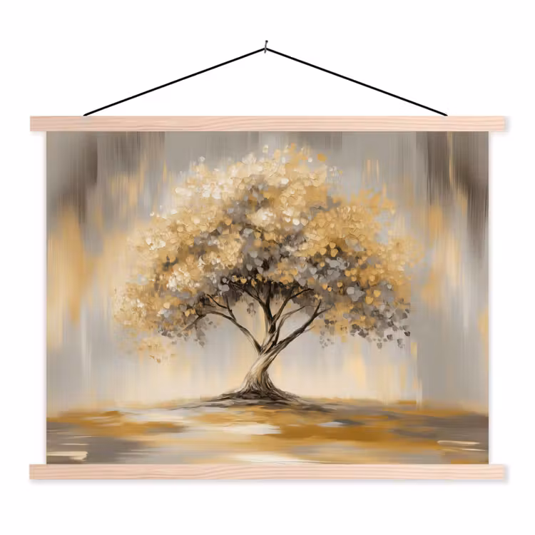 Schilderij - Boom - Abstract - Bladeren textielposter latten blank klein -3d