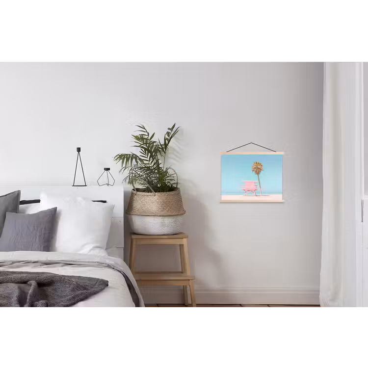 Palmboom - Strandhuis - Roze textielposter latten blank klein -woonkamer