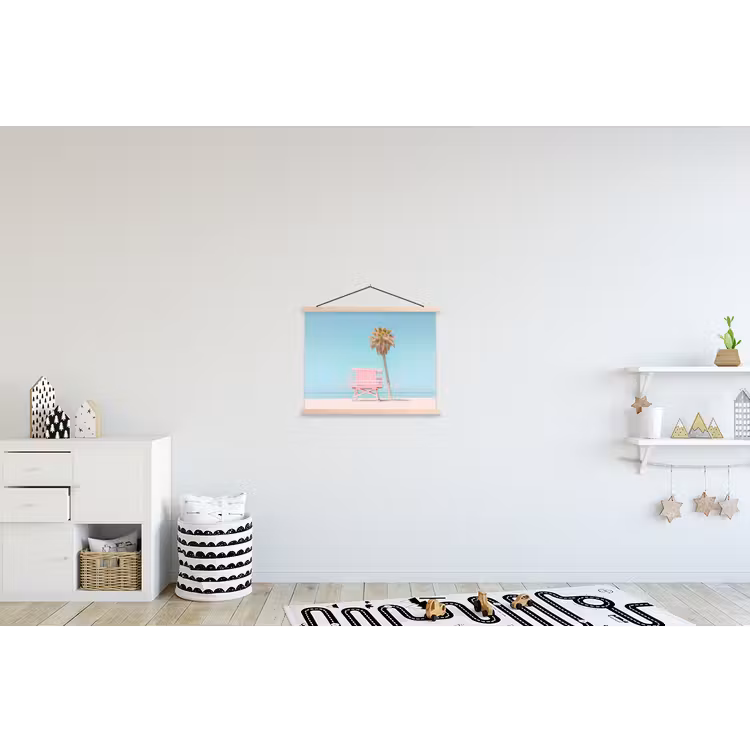 Palmboom - Strandhuis - Roze textielposter latten blank klein -kinderkamer