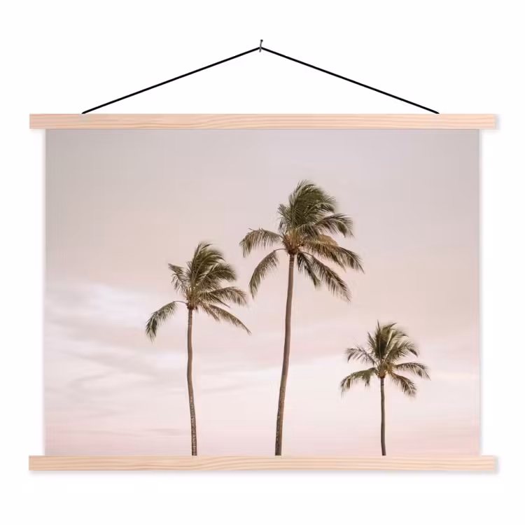 Palmbomen - Zonsondergang - Roze textielposter latten blank klein -3d