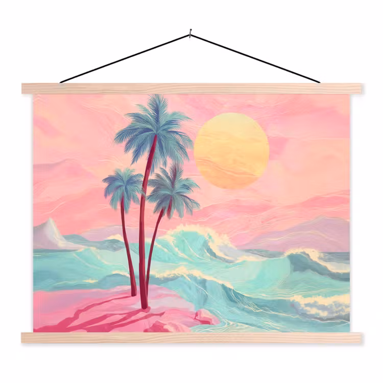 Palmbomen - Golven - Zee textielposter latten blank klein -3d