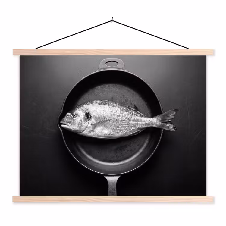 Pan - Vis - Zwart - Wit textielposter latten blank klein -3d