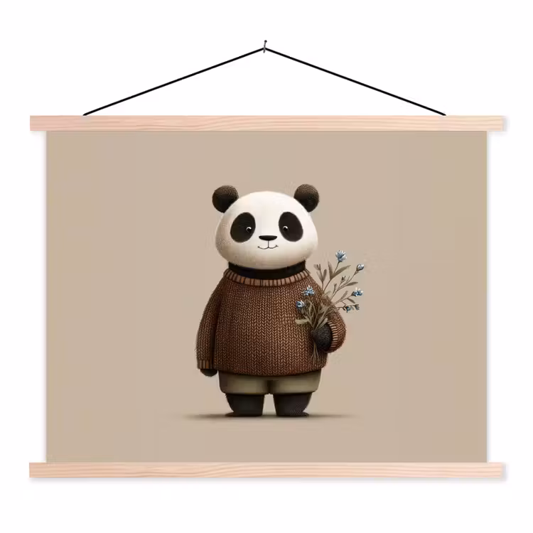 Panda - Blauwe bloemen - Zachtheid textielposter latten blank klein -3d