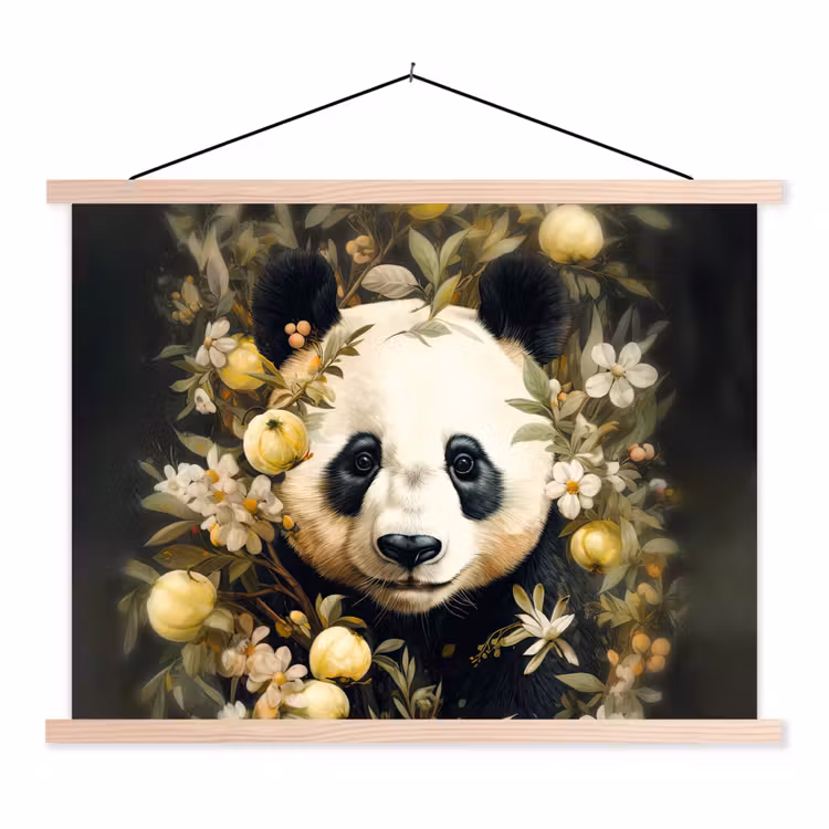 Panda - Pandabeer - Wilde dieren - Natuur - Bloemen textielposter latten blank klein -3d