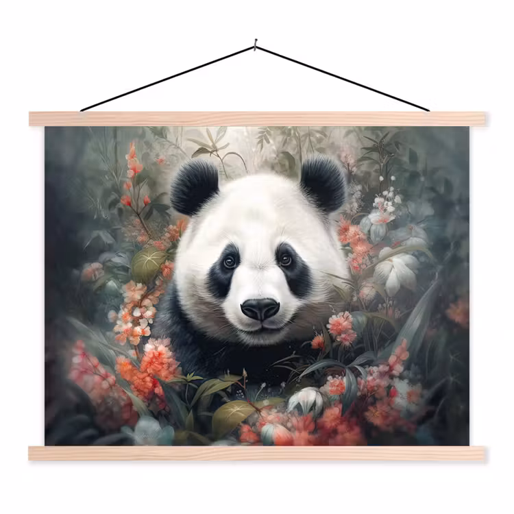 Panda - Wilde dieren - Bloemen - Natuur textielposter latten blank klein -3d