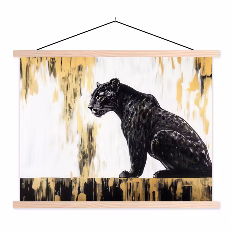 Panter - Zwart - Abstract - Goud textielposter latten blank klein -3d
