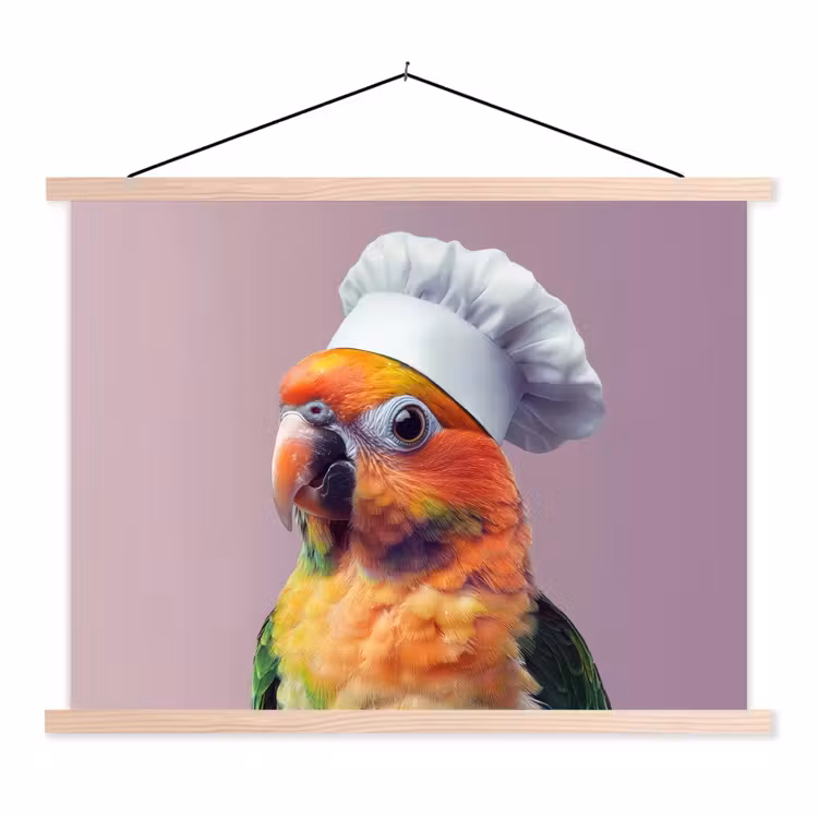 Papegaai - Koksmuts - Nieuwsgierig - Vogel textielposter latten blank klein -3d