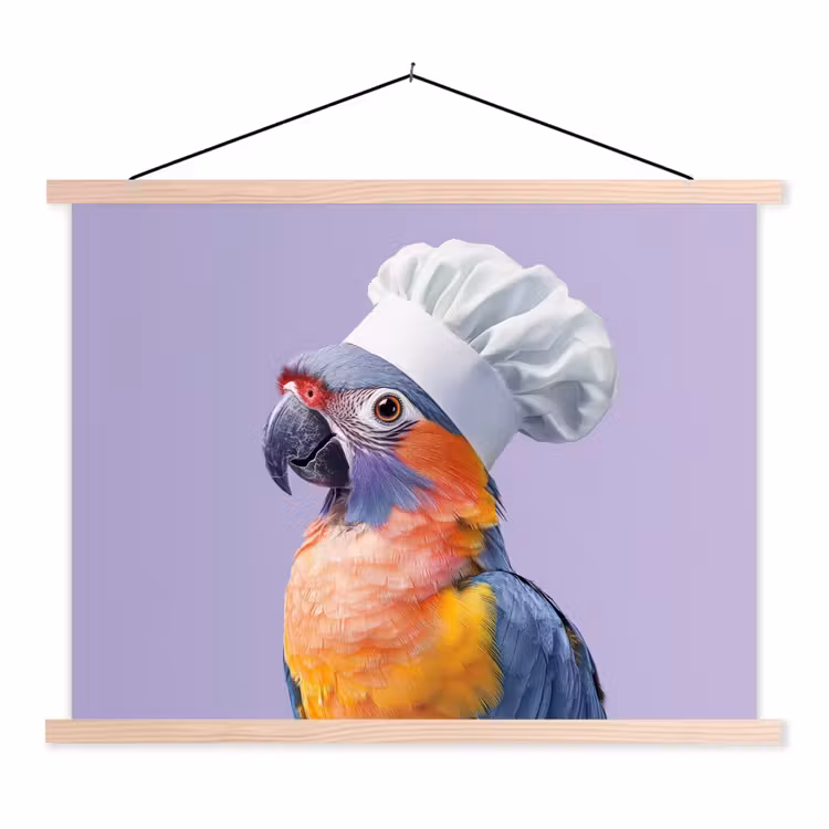 Papegaai - Koksmuts - Paars - Cute textielposter latten blank klein -3d