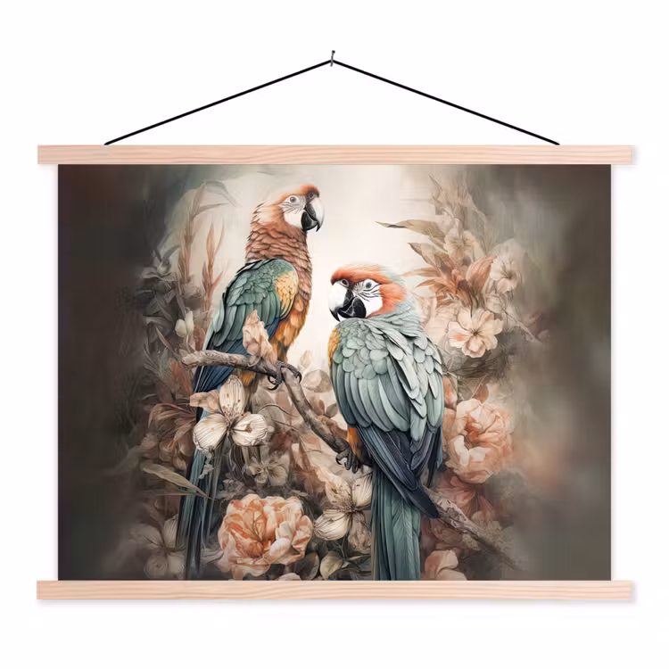 Papegaaien - Vogels - Natuur - Bloemen textielposter latten blank klein -3d