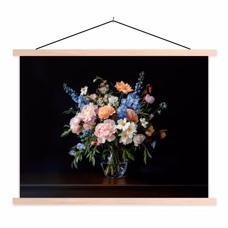 Pastel - Bloemen - Glazen - Vaas textielposter latten blank klein -3d