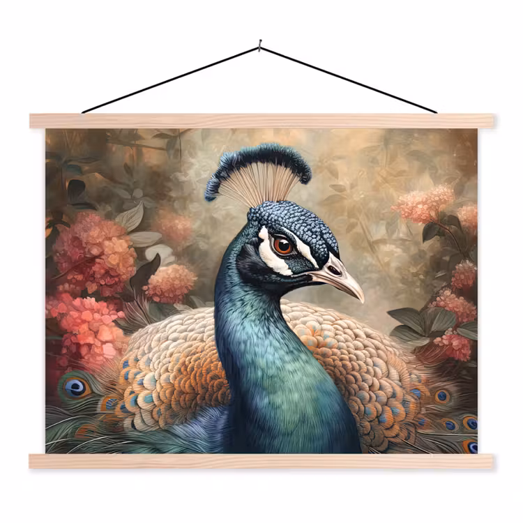 Pauw - Vogel - Bloemen - Planten - Pauwenveren textielposter latten blank klein -3d