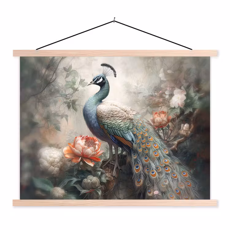 Pauw - Pauwenveren - Vogel - Jungle - Bloemen textielposter latten blank klein -3d