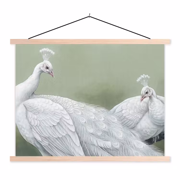 Pauwen - Wit - Natuur - Groen textielposter latten blank klein -3d