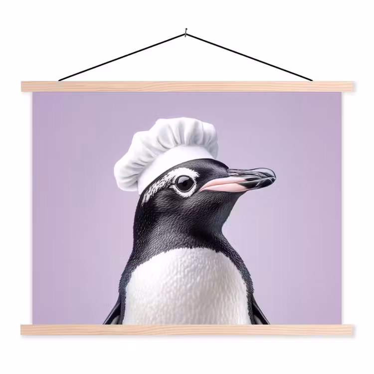 Pinguïn - Koksmuts - Lief - Paars textielposter latten blank klein -3d