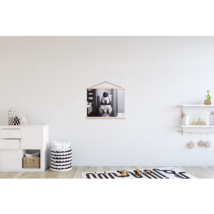 Pinguïn - Telefoon - Toilet - Zwart - Wit textielposter latten blank klein -kinderkamer