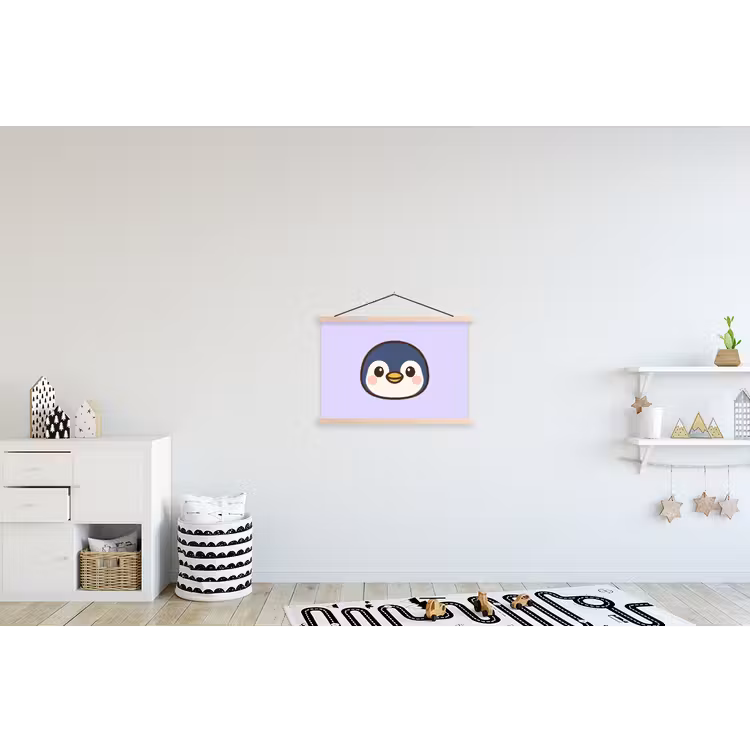 Pinguïn - Paars - Schattig textielposter latten blank klein -kinderkamer