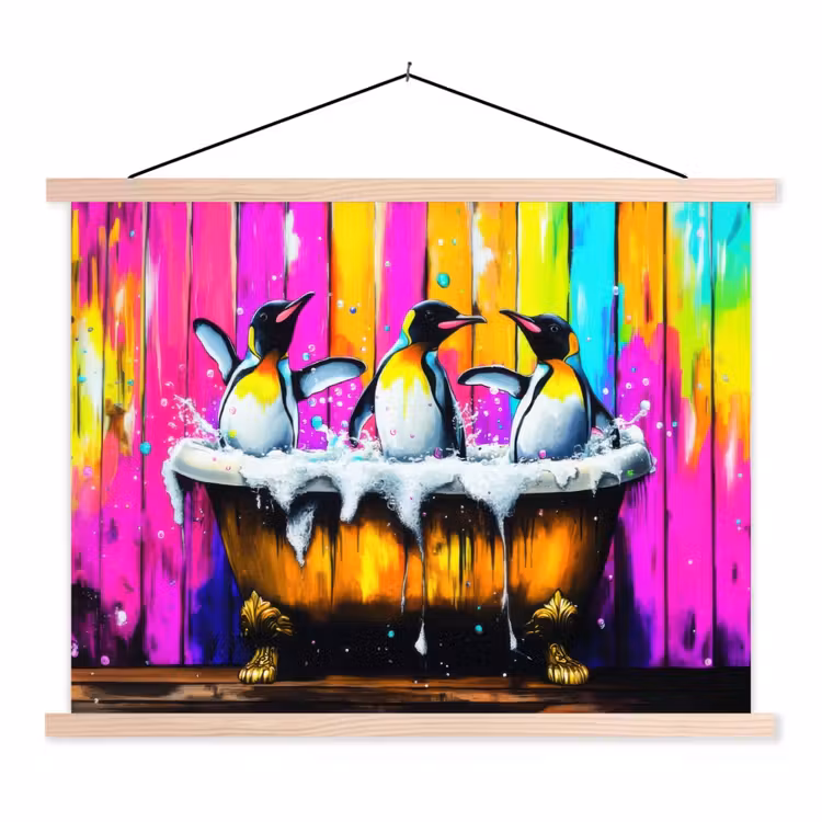 Pinguïns - Badkuip - Kleurrijk - Schuim textielposter latten blank klein -3d