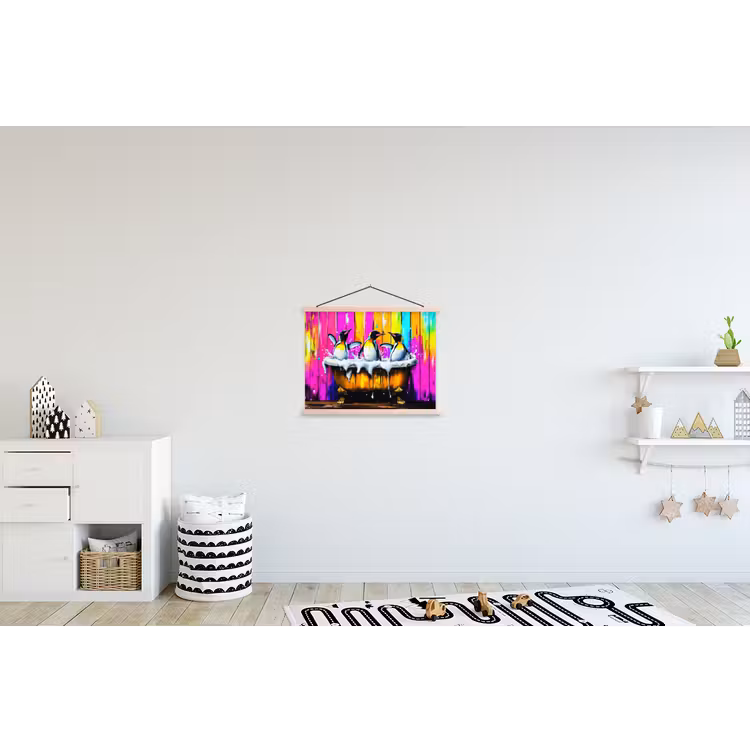 Pinguïns - Badkuip - Kleurrijk - Schuim textielposter latten blank klein -kinderkamer