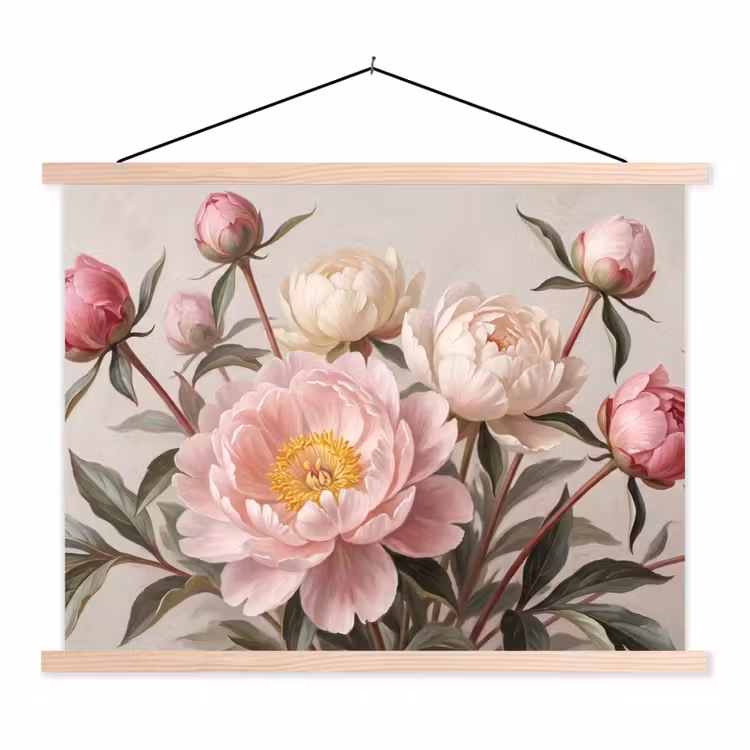 Pioenrozen - Boeket - Roze textielposter latten blank klein -3d