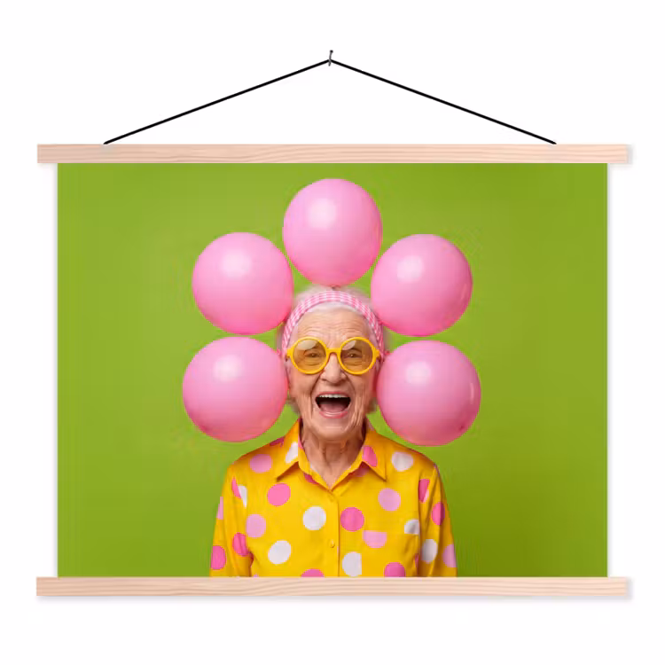 Mens - Ballonnen - Feest - Kleurrijk - Roze textielposter latten blank klein -3d