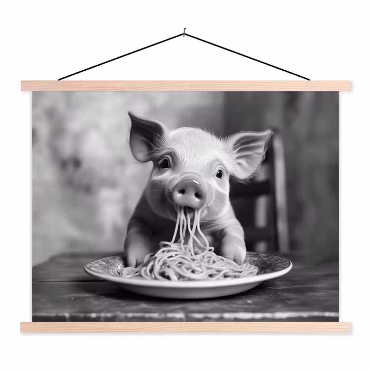 Varken - Schattig - Spaghetti - Zwart wit - Dier textielposter latten blank klein -3d